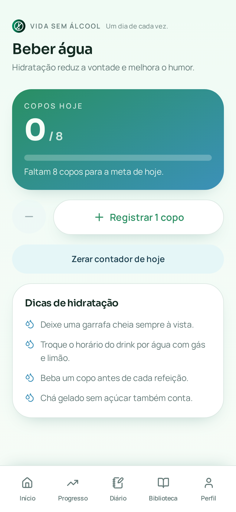Tela de hidratação com contagem de copos de água