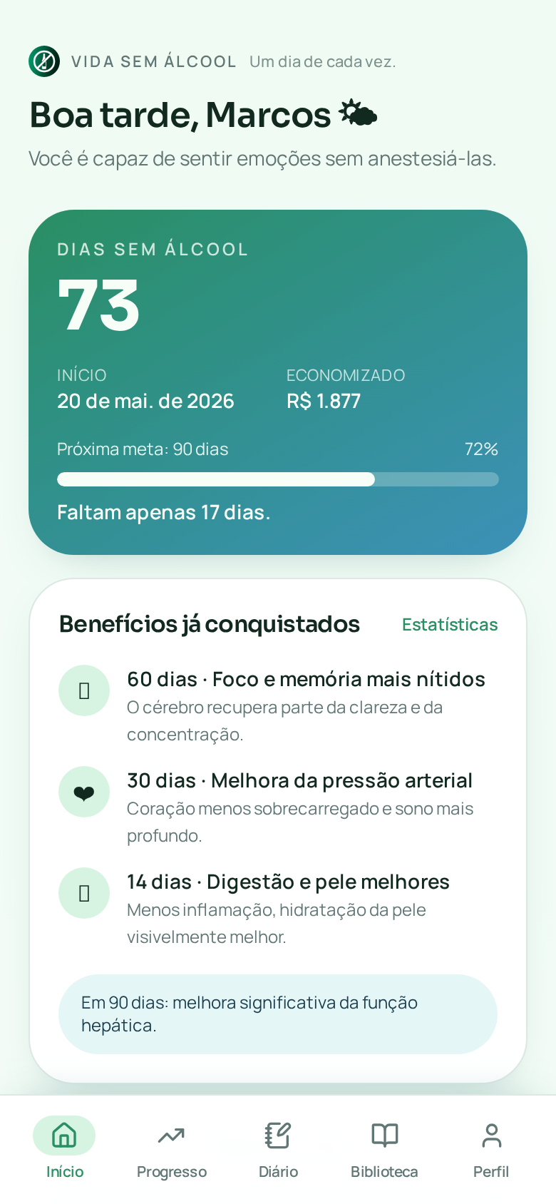 Tela inicial do aplicativo Vida Sem Álcool mostrando os dias sem beber