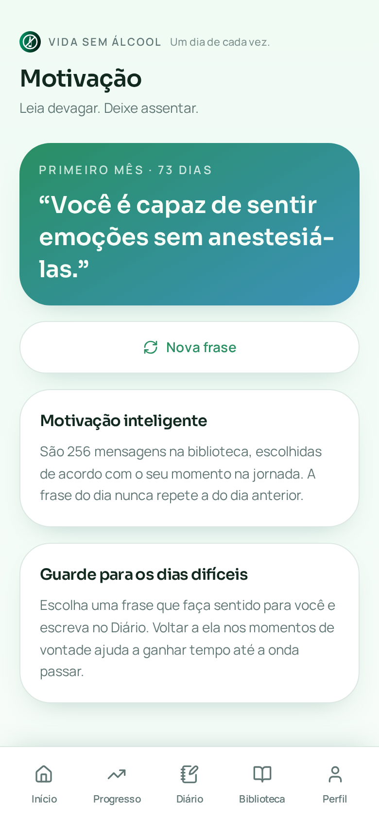 Mensagem de motivação diária no aplicativo Vida Sem Álcool